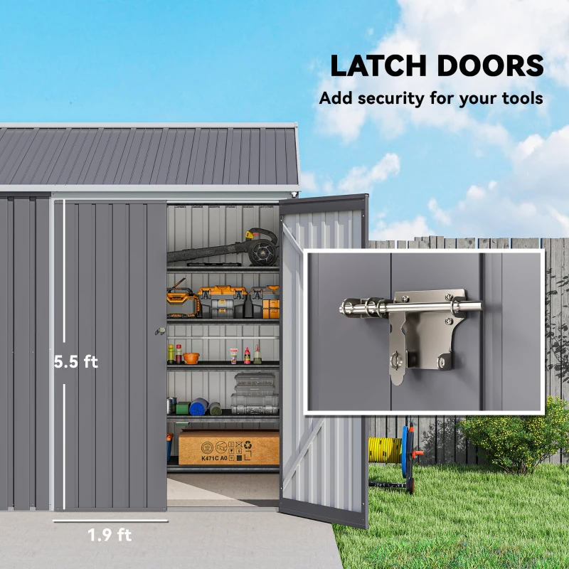 Outsunny 8' x 5.5' Metal Garden Storage Shed, Extra Large Outdoor Tool Storage House w/Lockable Doors, Window, Air Vents, Gray