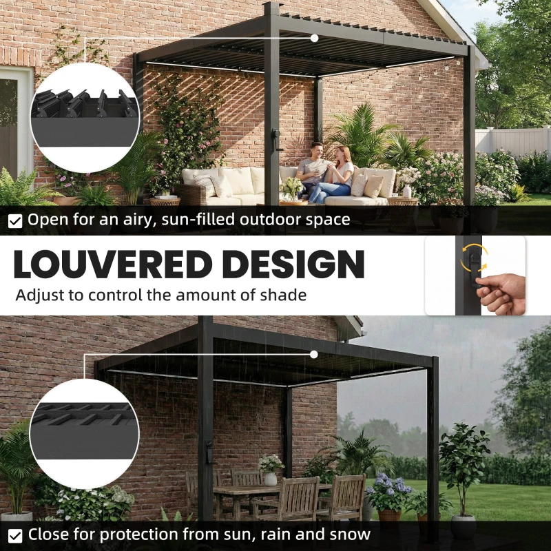 Outsunny 10 x 10 ft Louvered Pergola with Solar LED lights, Metal Roof, Outdoor Pergola Gazebo with Drainage Gutters, Black