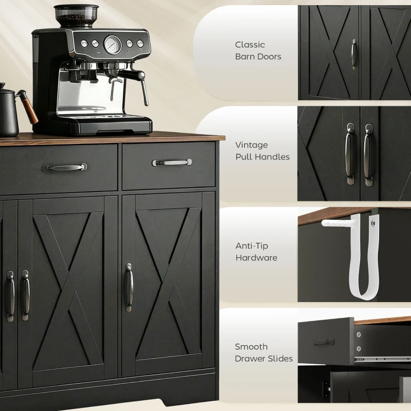 HOMCOM Sideboard Buffet Cabinet, 43" Farmhouse Kitchen Cabinet with 3 Barn Doors, 2 Drawers, 2 Adjustable Shelves, Black