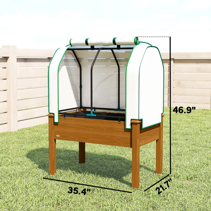 Outsunny Raised Garden Bed with PE Greenhouse Cover Outdoor Planter Box for Herbs and Vegetables, 35 x 22 x 47 inch, Brown