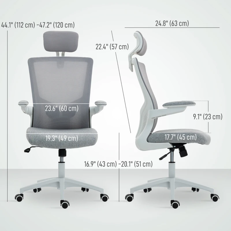 HOMCOM Ergonomic Office Chair, Swivel Desk Chair with Adjustable Lumbar Support, Headrest and Height, Flip-up Armrests, Grey