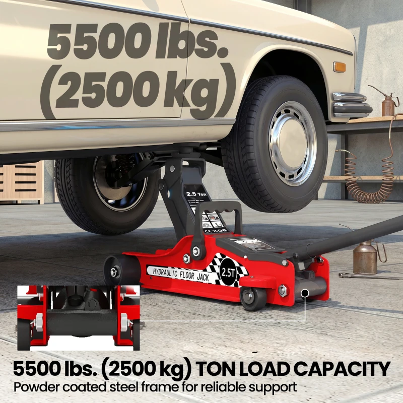 HOMCOM Low Profile Car Jack, Hydraulic Racing Floor Jack, 3.1"-14.1" Lifting Range, 2.5 Ton (5,000 lb) Capacity, Red