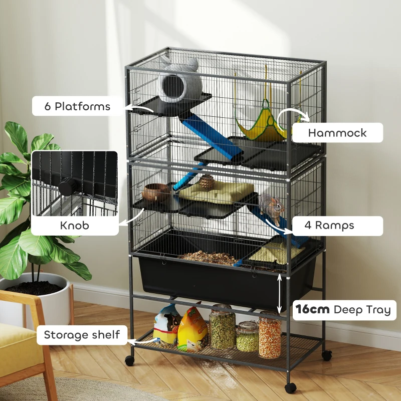 PawHut 59" 5-Level Small Animal Cage, Rolling Ferret Cage with 6.3" Deep Tray, Non-Slip Cloth Covered Ramps, Hammock, Dark Grey