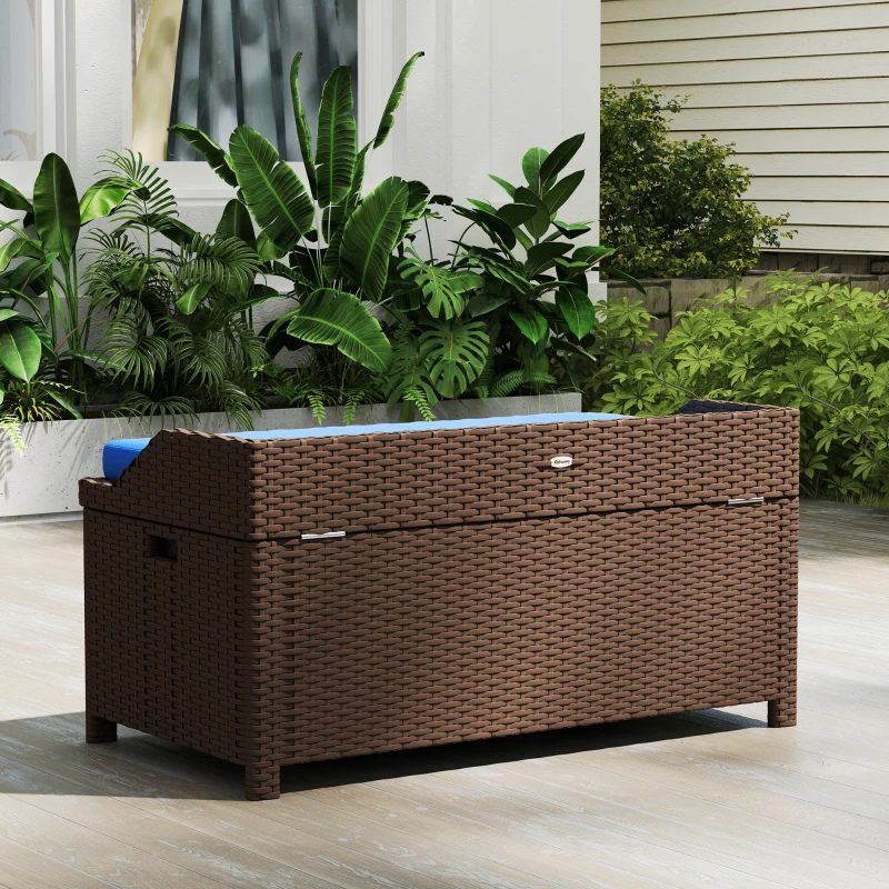 Outsunny Outdoor Wicker Storage Bench with Storage & Cushion, Blue