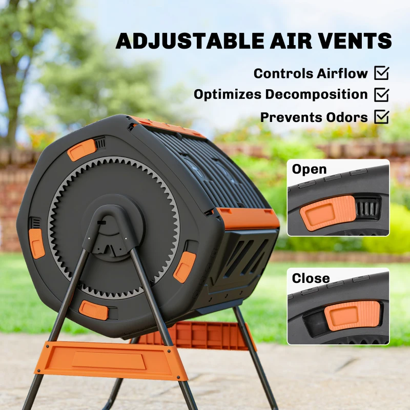Outsunny Compost Bin Outdoor, 53 Gal Dual Chamber Tumbling Composter with Adjustable Vents, BPA Free Tumbling Composter, Orange