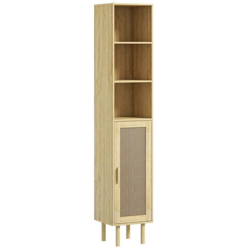 HOMCOM Tall Bathroom Cabinet with Rattan Doors, Freestanding Bathroom Storage Cabinet with Adjustable Shelves, Distressed Oak