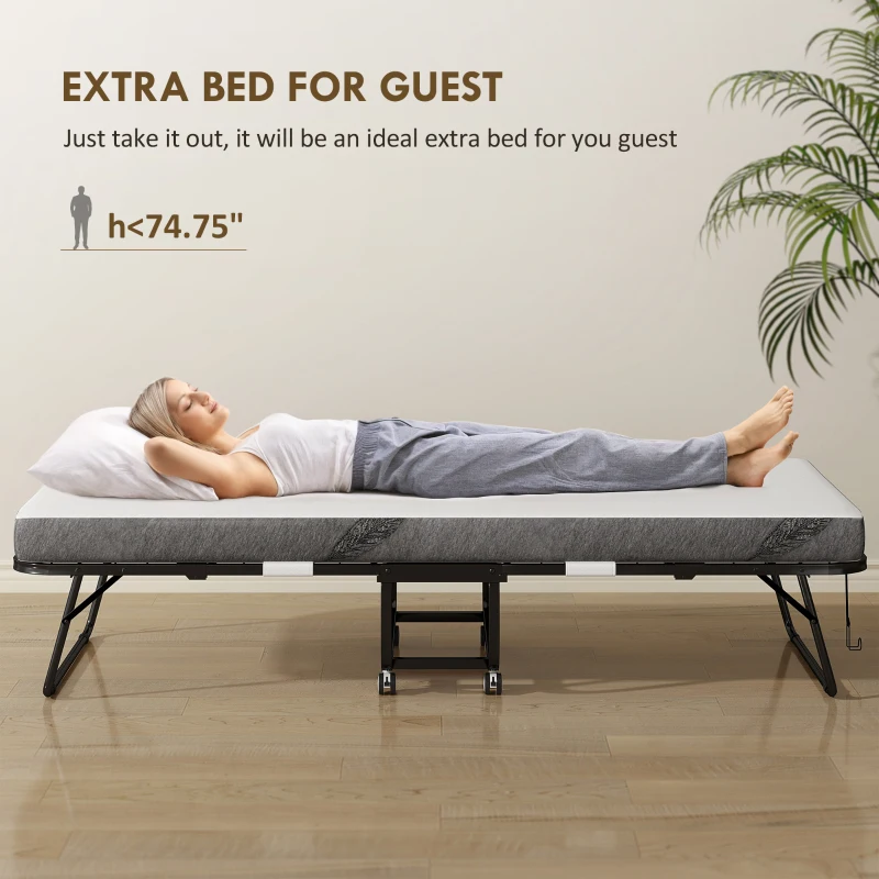 HOMCOM Folding Bed with Mattress for Adults, Long Twin Size, White