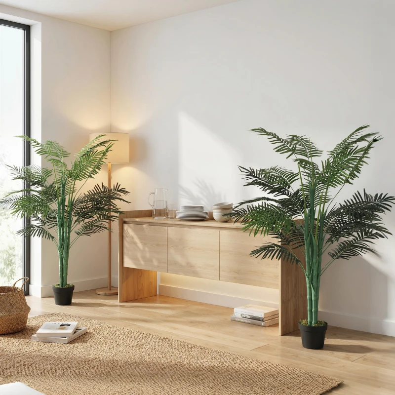 Outsunny 5FT Artificial Palm Tree Set of 2, Fake Tropical Tree with Lifelike Leaves, Faux Plant in Pot for Indoor Decoration, Green