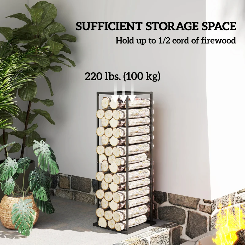 Outsunny Firewood Rack Outdoor, Heavy Duty Log Holder, Vertical Fireplace Storage Rack, 220 lbs Capacity, 13" x 13" x 43", Black