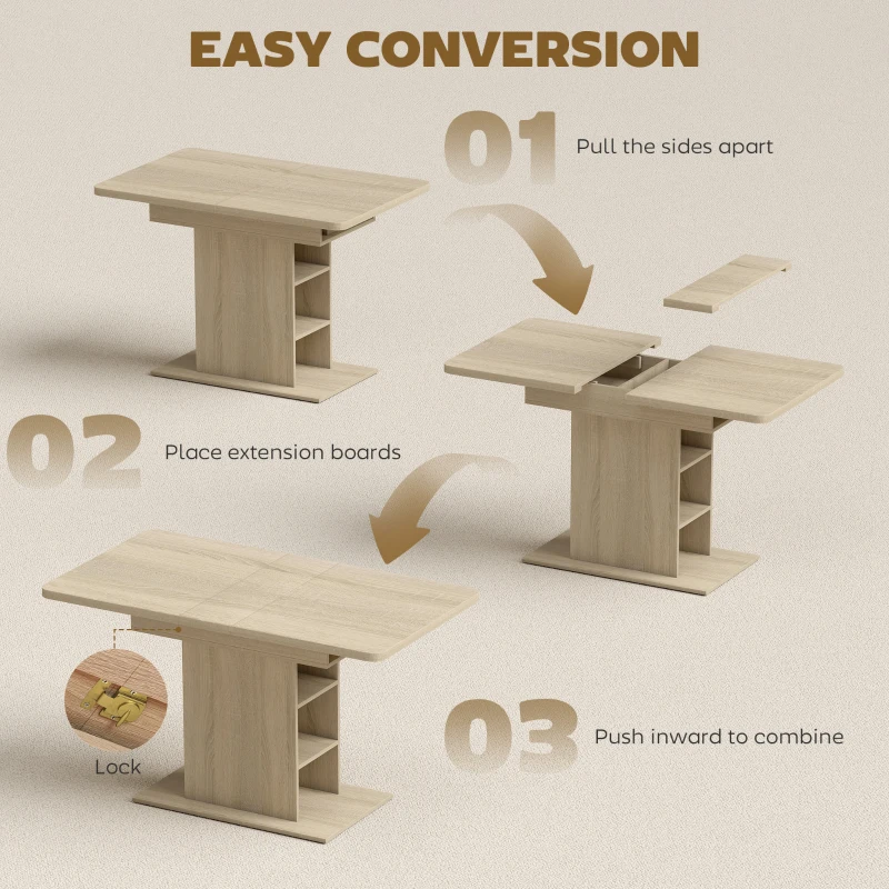 HOMCOM Extendable Dining Table for 4-6 People, 43.3"-51.2" Kitchen Table with 6 Open Shelves, Natural Wood