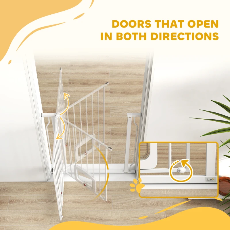 PawHut 29.5-33.5" Adjustable Dog Gate with Cat Door, Easy Install Pressure/Hardware Mounted Pet Gate for Doorways, White