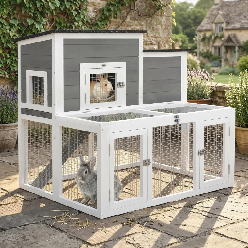 PawHut Wooden Rabbit Hutch, 2-Story Bunny Cage w/ Run, Waterproof & Openable Roof, Pull Out Tray and Ramp for 1-2 Rabbits