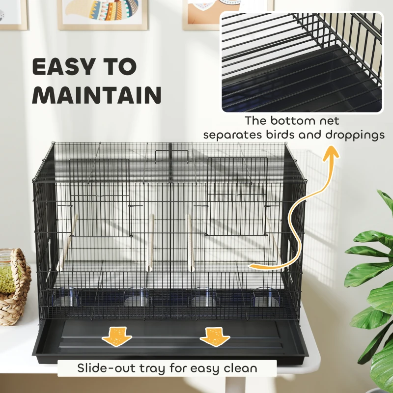 PawHut 18" H Bird Cage, Large Parakeet Cage for Budgie, Lovebird, Canary, Finches with Divider, Black