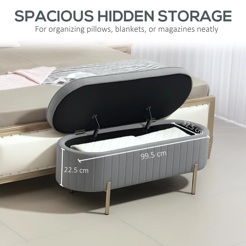 HOMCOM Upholstered Bedroom Bench, Channel Tufted Ottoman Bench with Thick Padding and Metal Legs, Grey