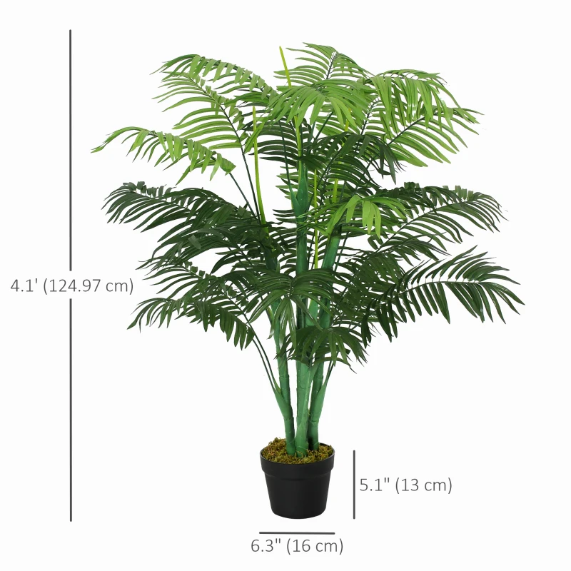 Outsunny 4FT Artificial Palm Tree, Fake Tropical Tree with Lifelike Leaves, Faux Plant in Pot for Indoor Decoration, Green