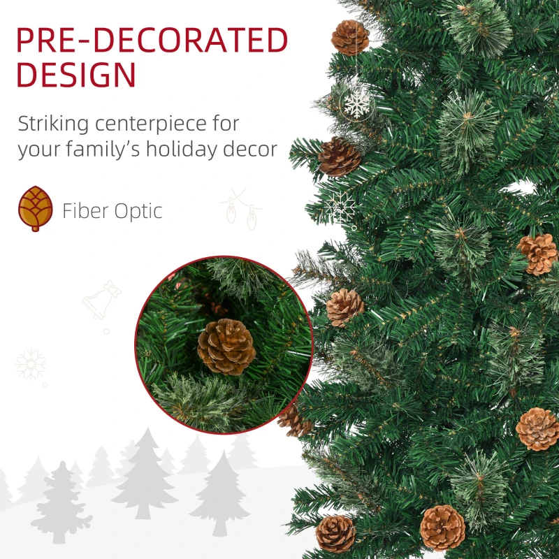HOMCOM 7.5ft Pencil Christmas Tree, Artificial Christmas with Pine Needles, Realistic Branches, Pine Cones, Metal Base, Green