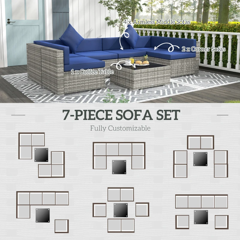 Outsunny 7 Pieces Outdoor Rattan Sofa Set, Wicker Patio Furniture Set with Glass Top Coffee Table, Pillows, Mixed Gray and Blue