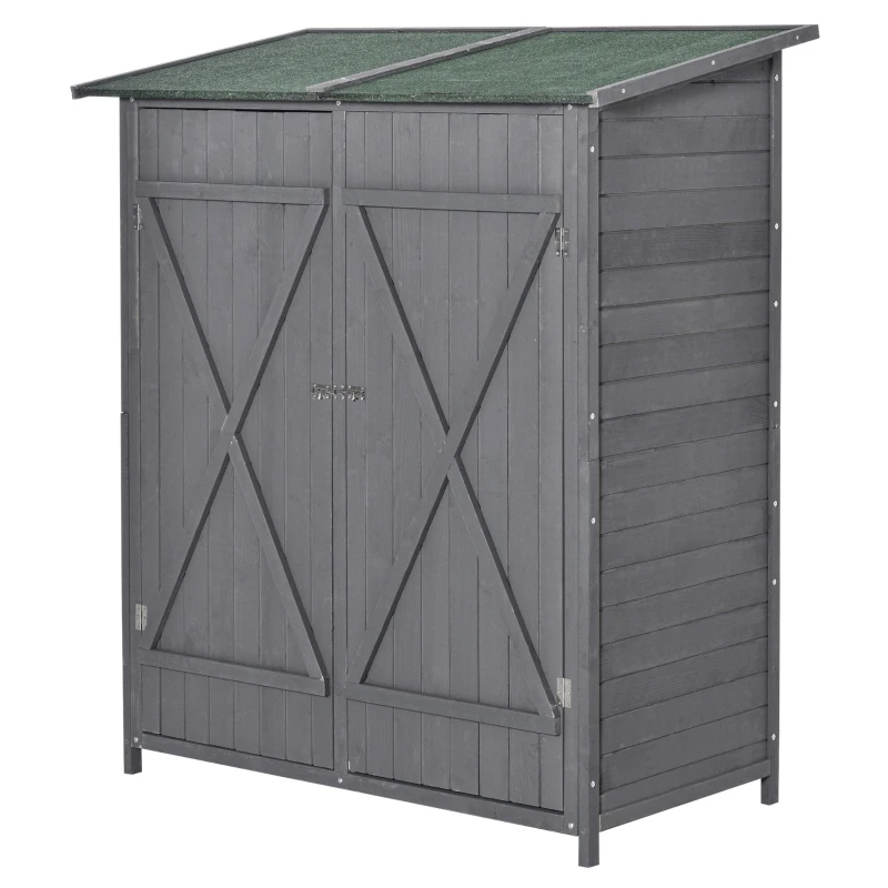 Outsunny Garden Storage Shed Asphalt Roof Wooden Timber Double Door Utility Storage House with Shelf, Green and Grey