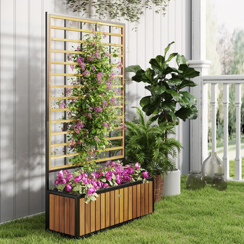 Outsunny Wooden Raised Garden Bed with Trellis, Removable Pots for Backyard, Patio, Balcony, 29" x 11" x 52", Teak