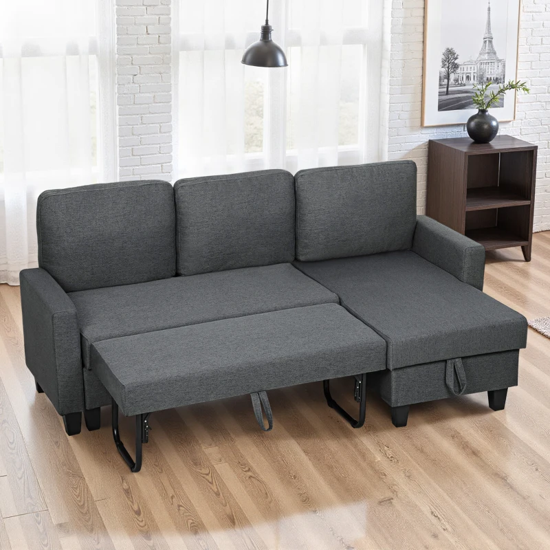 HOMCOM 77.6" Sofa Bed, Pull Out Sleeper L Shaped Sectional Couch, Reversible Storage Chaise, Wide and Deep Seat, Charcoal Grey