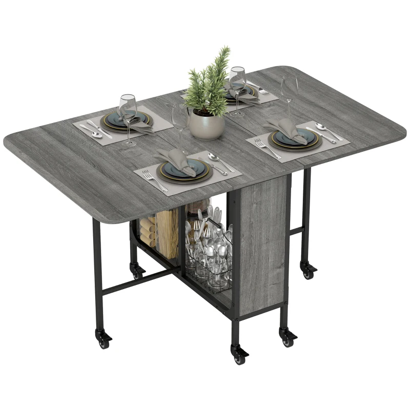 HOMCOM Folding Dining Table, Extendable Kitchen Table for Small Spaces with Storage Shelf and 6 Wheels, Distressed Grey