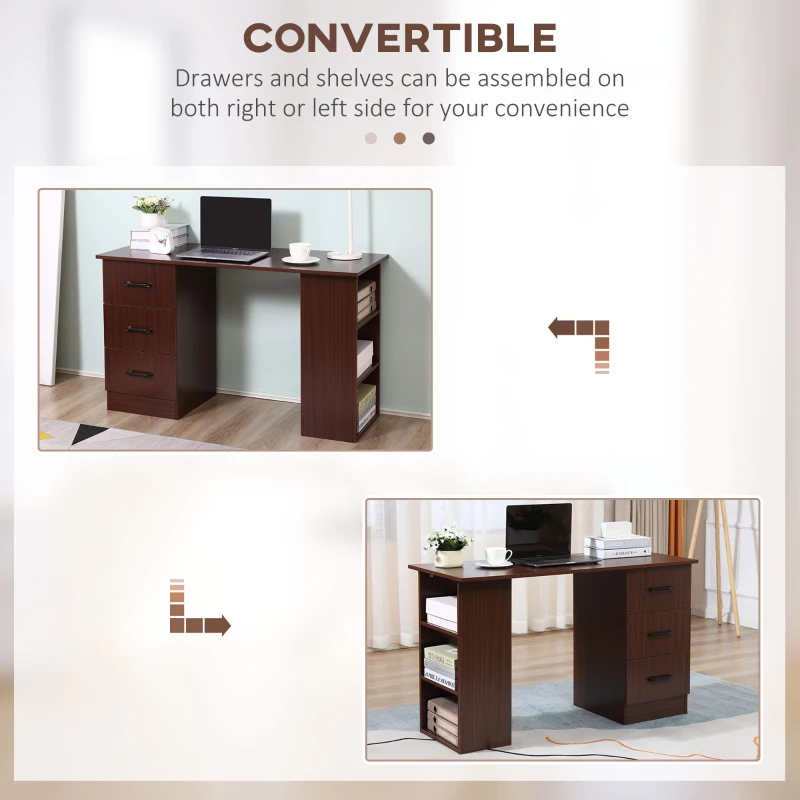 HOMCOM Computer Desk, 47" Writing Table with 3-Tier Shelves and 3 Reversible Drawers for Home Office, Bedroom, Walnut