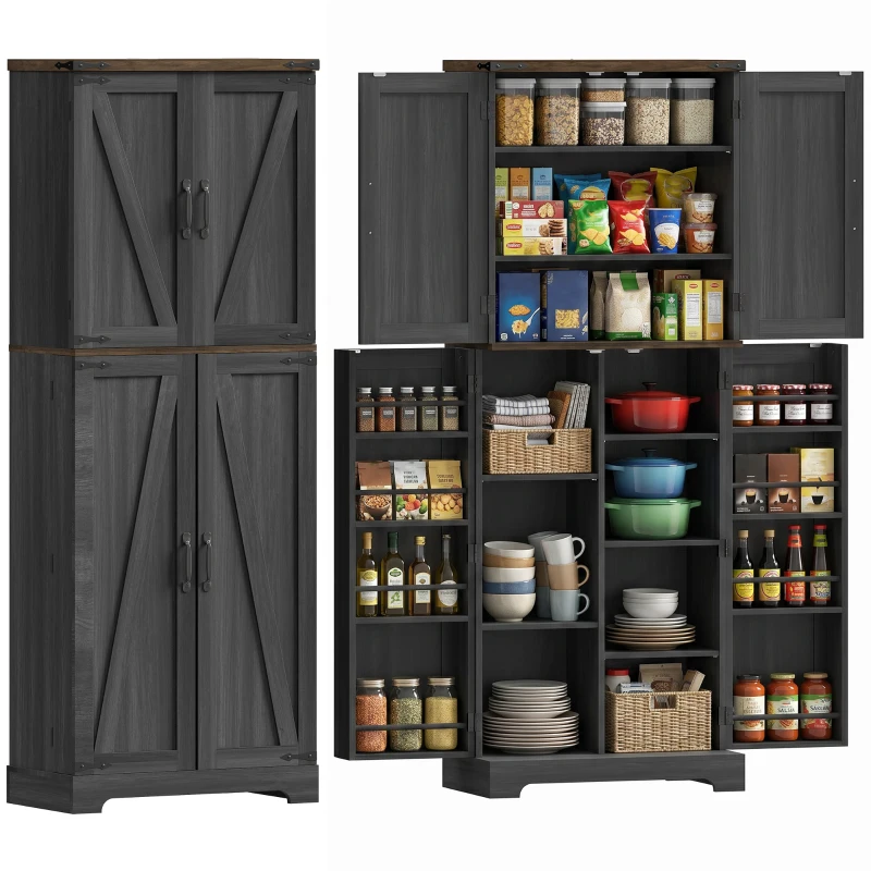 HOMCOM 64" Tall Kitchen Pantry Cabinet with Spice Racks and Adjustable Shelves, Black Wood Grain