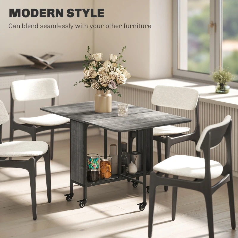 HOMCOM Folding Dining Table, Extendable Kitchen Table for Small Spaces with Storage Shelf and 6 Wheels, Distressed Grey
