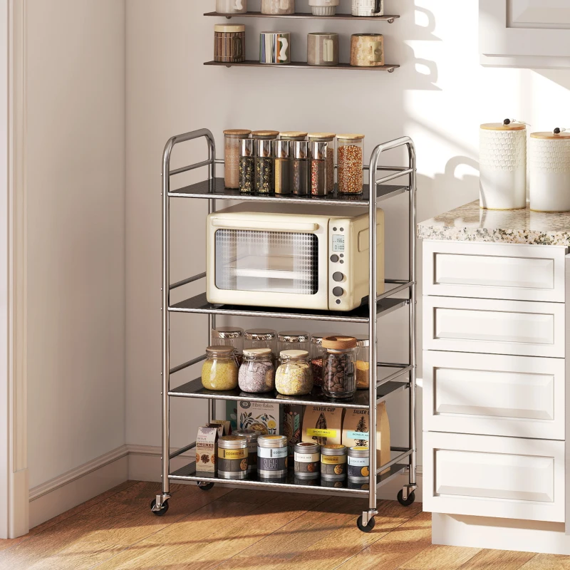 HOMCOM 4 Tier Stainless Steel Rolling Cart with Adjustable Shelves, Utility Cart on Wheels with Handles for Kitchen, Silver