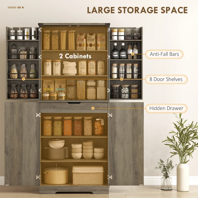 HOMCOM 72" Kitchen Pantry Cabinet, Farmhouse Storage Cabinet with 4 Doors, Drawer, 8 Door Shelves and Adjustable Shelf, Grey