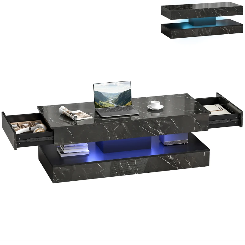 HOMCOM Coffee Table with Adjustable LED Lights, Center Table with 2 Drawers, Open Shelf, Remote, High Gloss Marble-Effect Black
