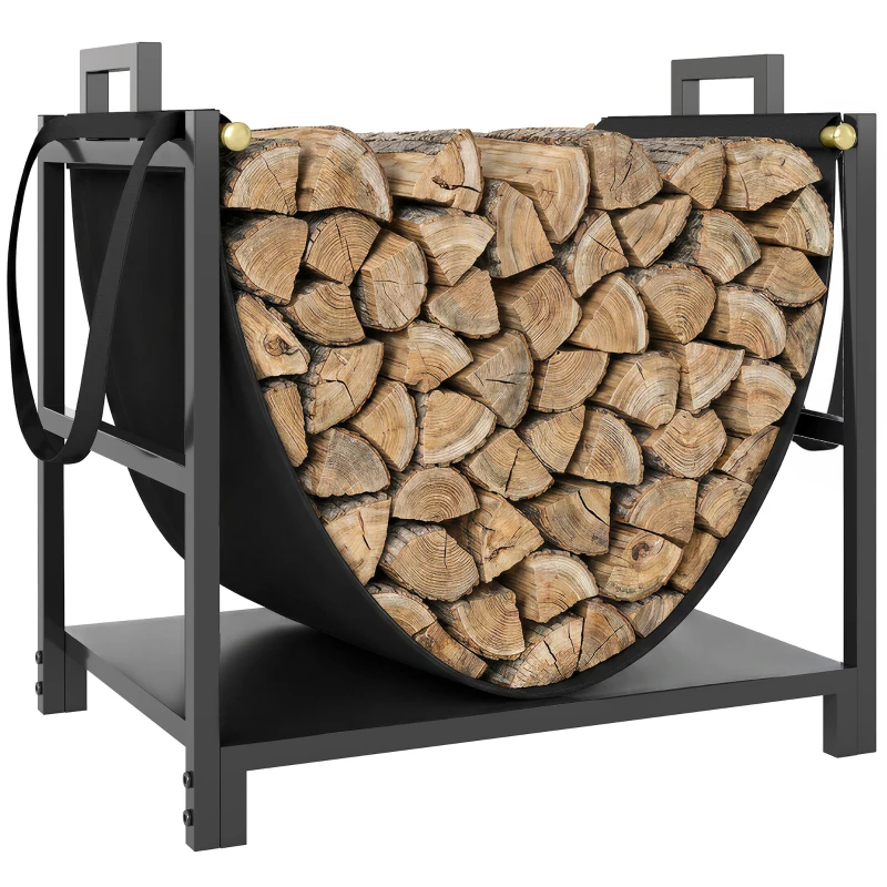 Outsunny 19 Inch Firewood Rack with Carrier, 110 lb Heavy Duty Steel Log Store Indoors, Fireplace Log Storage Holder, Black