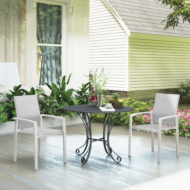 Outsunny Set of 2 Outdoor Garden Chairs, Stackable Patio Dining Chairs with Breathable Fabric, Armrests and Backrest, Light Grey