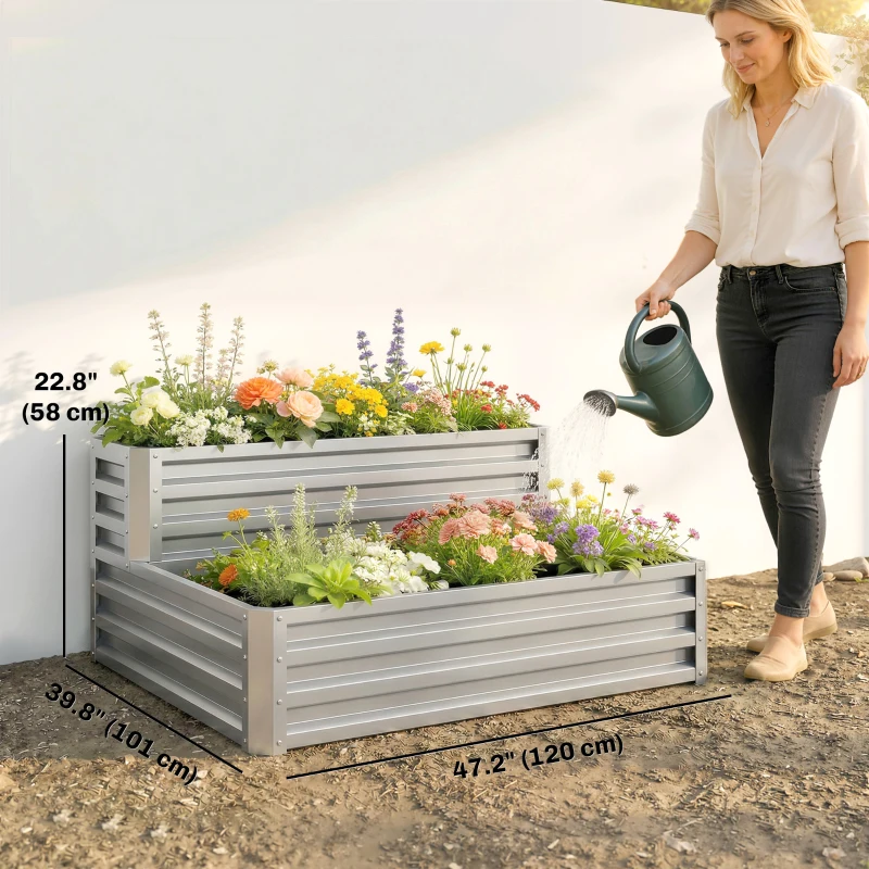 Outsunny 2 Tier Galvanized Raised Garden Bed, Steel Planter Box for Vegetables, Flowers, Herbs, 47" x 40" x 23", Silver