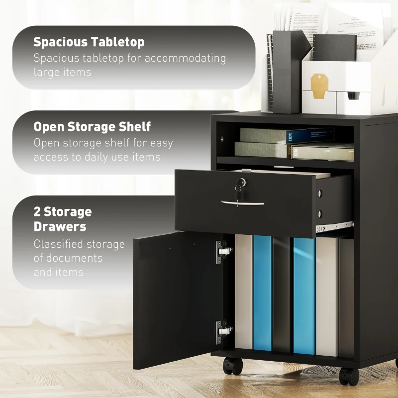 HOMCOM 24" Small Filing Cabinet with Open Compartment, Drawer and Wheels, Home Office Storage Cabinet, Black