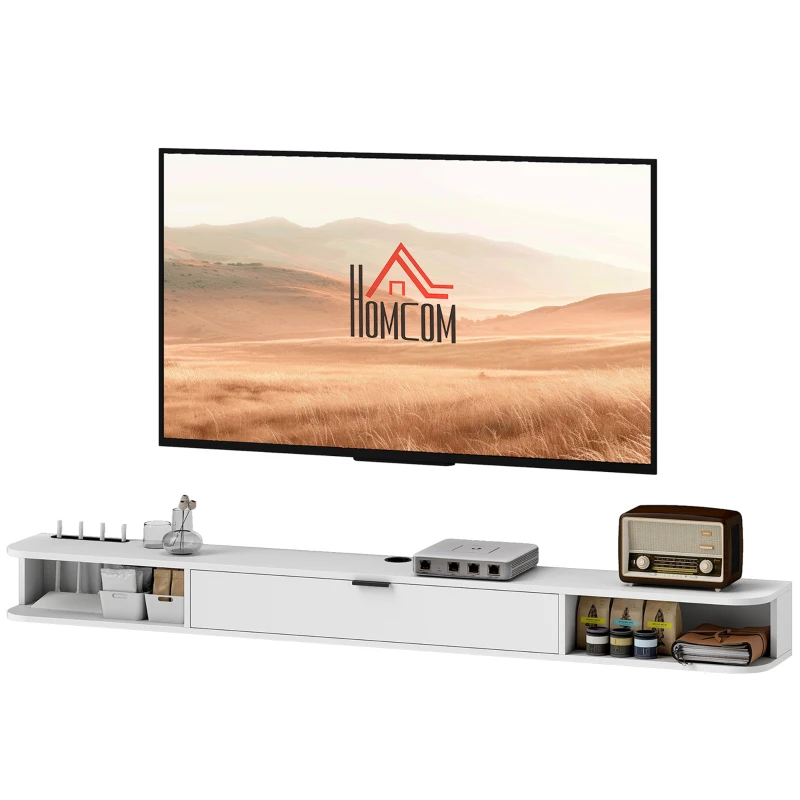 HOMCOM 71" Floating TV Stand for TVs up to 75 Inch, Wall Mounted Media Console with Flip Drawer and 2 Open Shelves, White(m-2)
