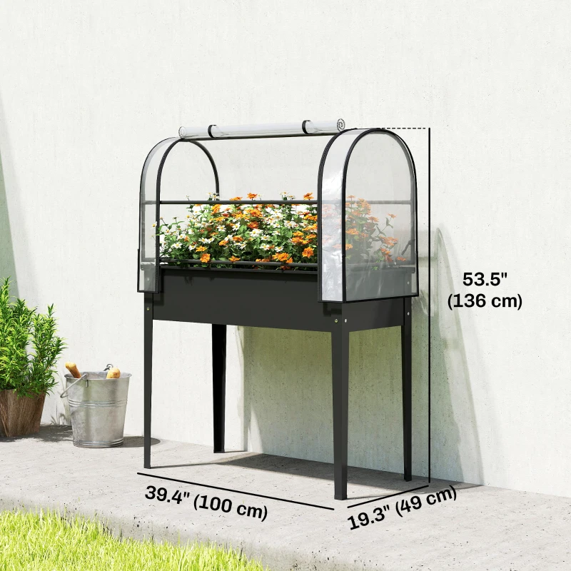 Outsunny Raised Garden Bed with Flip-Up Greenhouse Cover, Metal Elevated Garden Bed with Legs and Drainage Hole, Black