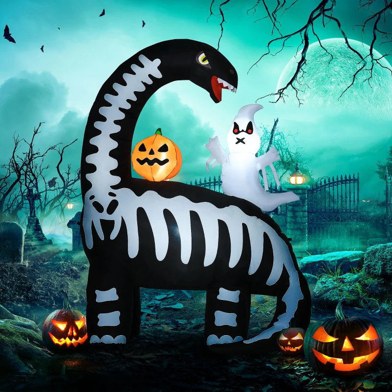 HOMCOM 6FT Halloween Inflatable Dinosaur with Ghost and Pumpkin LED Lights