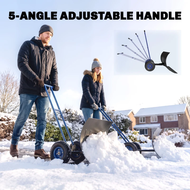 Outsunny Snow Shovel with Wheels, 29" Metal Snow Pusher with Adjustable Handle, 7-Angle Blade, Wear Strip for Driveway, Blue
