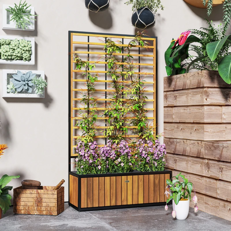 Outsunny Wooden Raised Garden Bed with Trellis, Removable Pots for Backyard, Patio, Balcony, 29" x 11" x 52", Teak