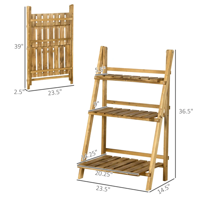 Outsunny 24'' Wooden Plant Stand, 3-Tier Foldable Flower Stand Ladder Display Plant Shelf，Slatted Bottom