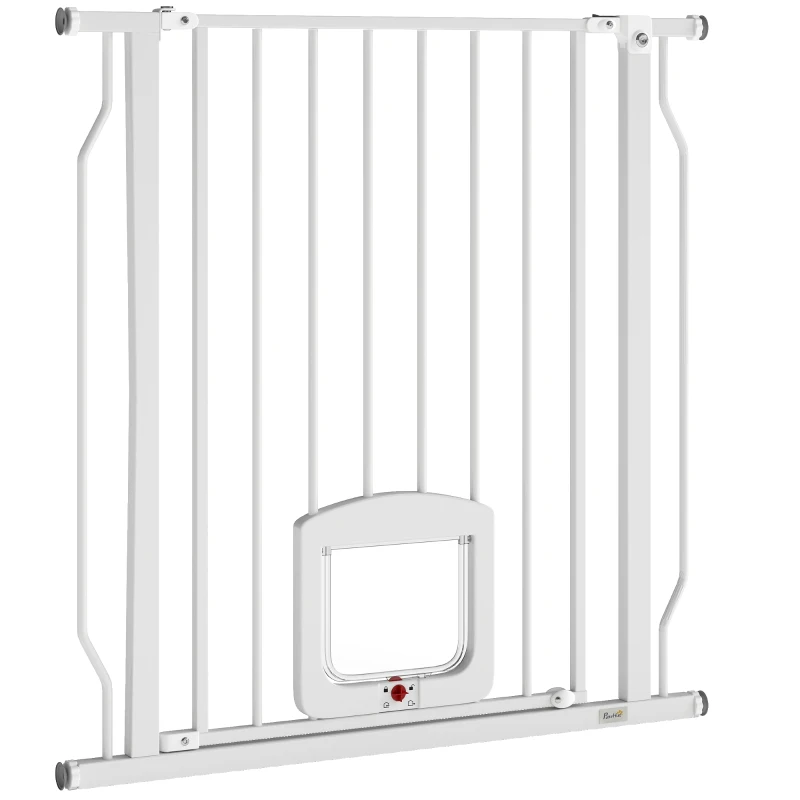 PawHut 29.5-33.5" Adjustable Dog Gate with Cat Door, Easy Install Pressure/Hardware Mounted Pet Gate for Doorways, White