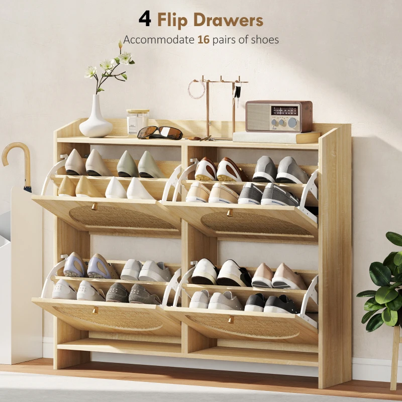 HOMCOM 4 Flip-Drawer Shoe Cabinet, Shoe Storage Cabinet with Rattan Doors and Adjustable Shelves, Holds 16 Pairs, Natural