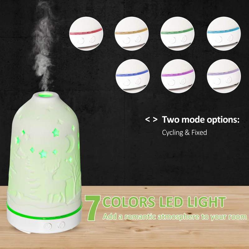 HOMCOM 100ml Ultrasonic Aromatherapy Diffuser, Essential Oils Humidifier with Ceramic Cover, 7 Colors LED Lights, Timer, White