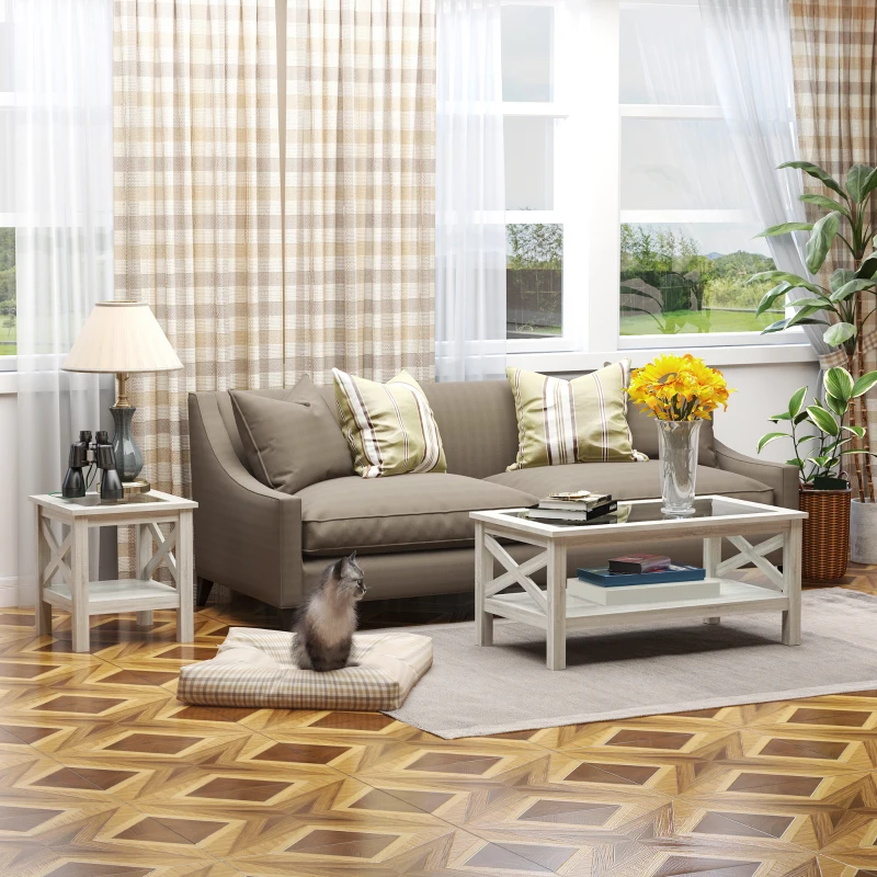 HOMCOM Coffee Table with Tempered Glass Tabletop, Living Room Table with Wood Frame and Underneath Storage Shelf, White Oak