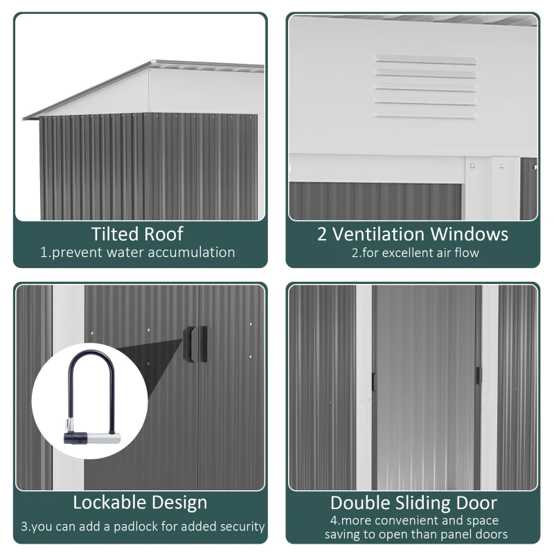 Outsunny 8' x 3.5' Metal Lean to Garden Shed, Outdoor Storage Shed, Garden Tool House with Double Sliding Doors, 2 Air Vents for Backyard, Patio, Lawn, Gray