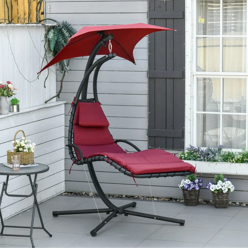Outsunny Outdoor Hammock Chair with Stand, Floating Chaise Lounge Chair with Soft Padded Cushion, Hanging Hammock Swing Reclining Seat with Canopy Umbrella, Wine Red