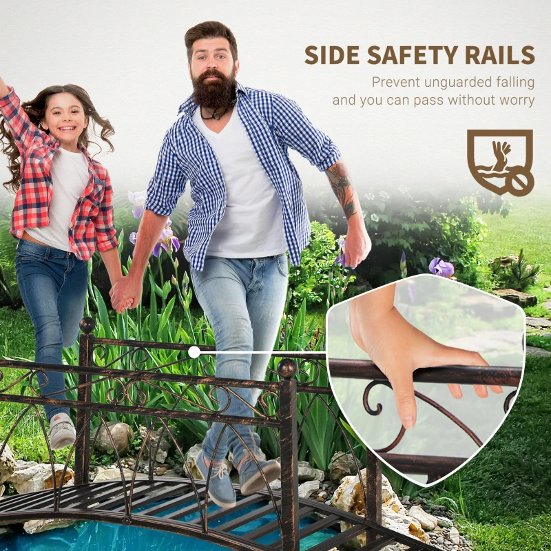 Outsunny 3.3' Metal Arch Zen Garden Bridge with Safety Siderails, Decorative Footbridge, Delicate Scrollwork & Corner Spheres for Stream, Fish Pond, Bronze