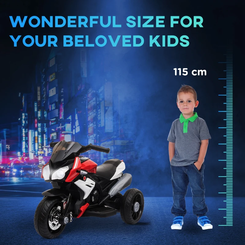 Qaba Kids Electric Motorcycle Ride-On Toy, with 3 Wheels, Music, Horn, Lights, Red