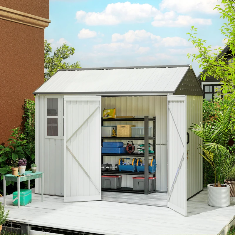 Outsunny 8' x 6' Metal Garden Storage Shed, Extra Large Outdoor Tool Storage House w/ Doors, Window and Air Vents, White